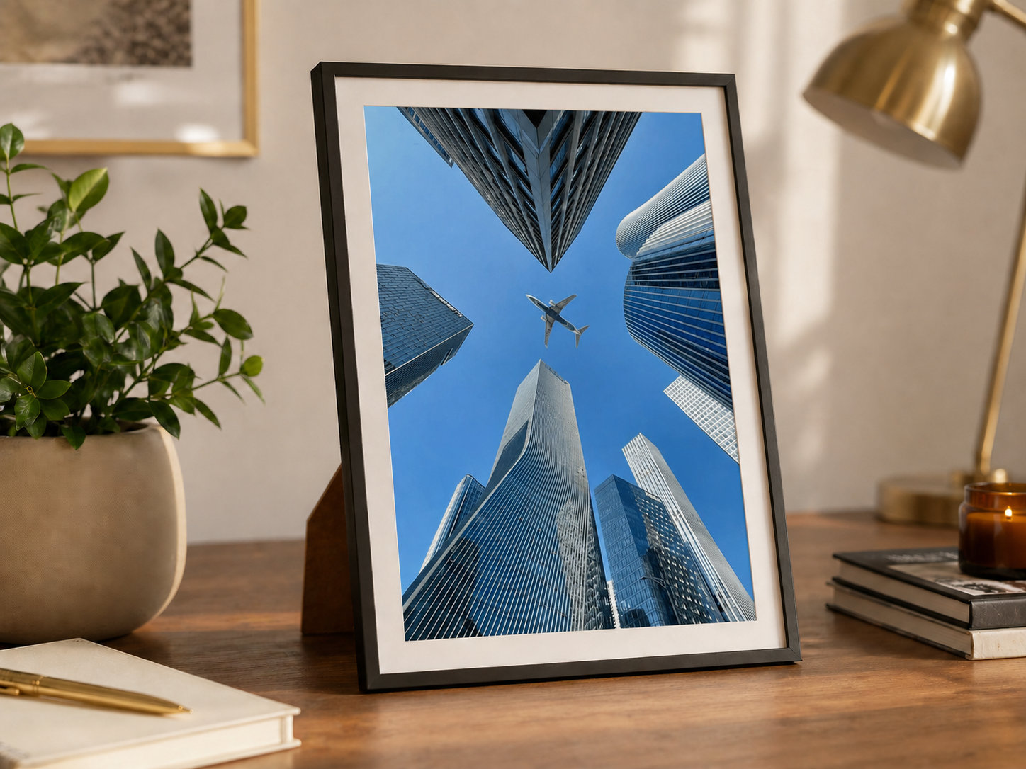 A flight photograph displayed in a frame on a desk
